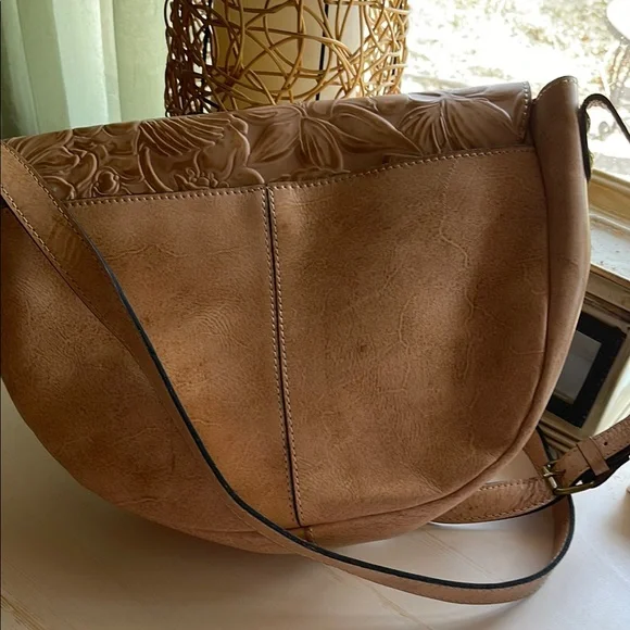 Floral Embossed Tan Leather Bag - Picture 2 of 3